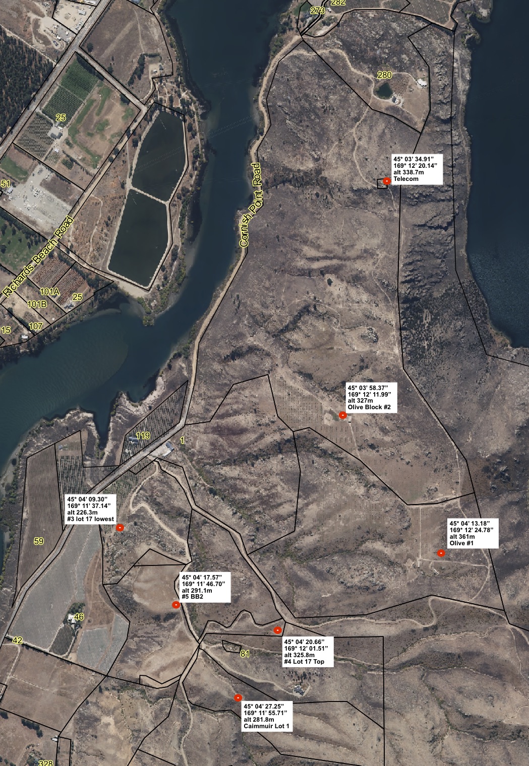 Aerial map of weather stations across the Cornish Point development